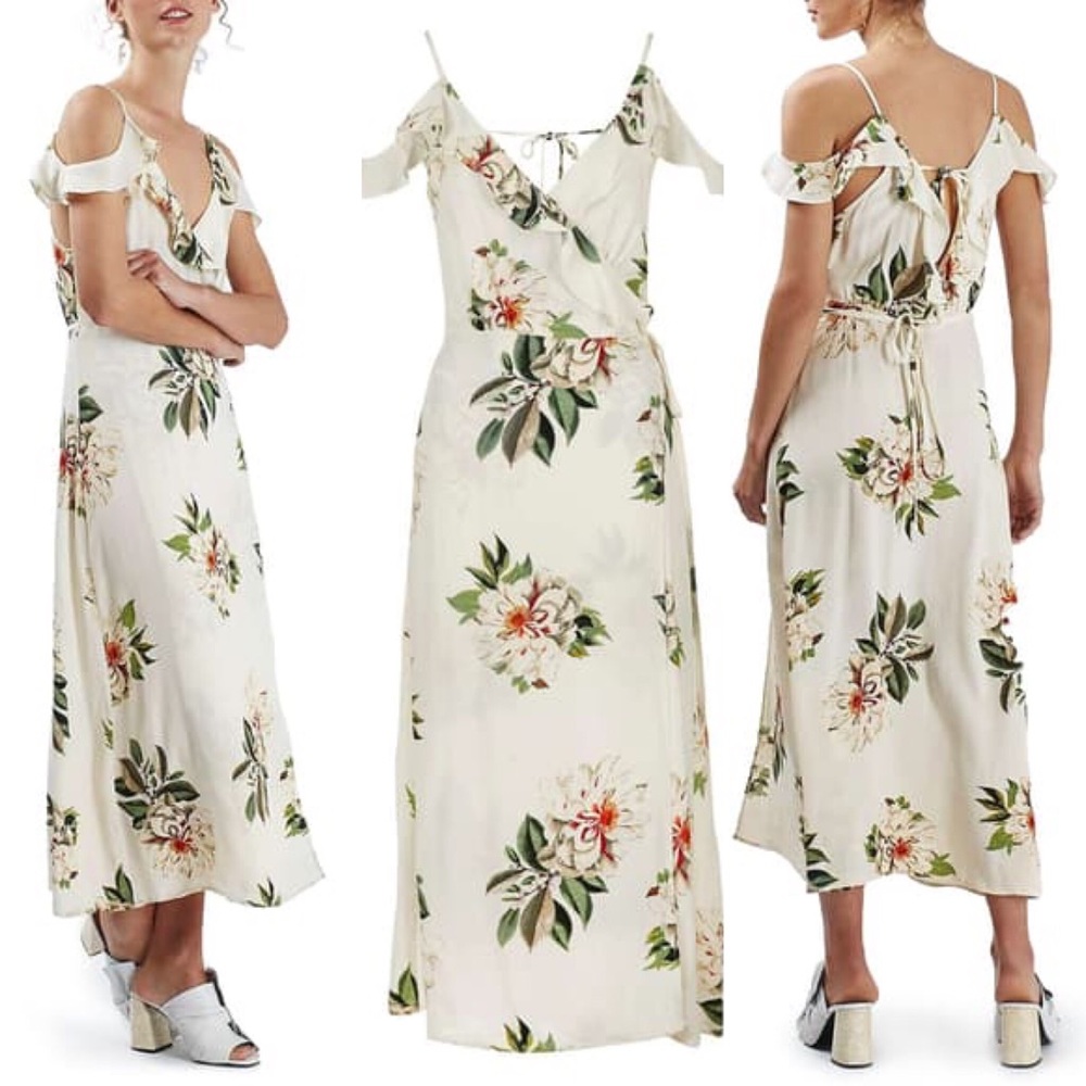 Topshop Floral Cold Shoulder Wrap Dress, Size 4